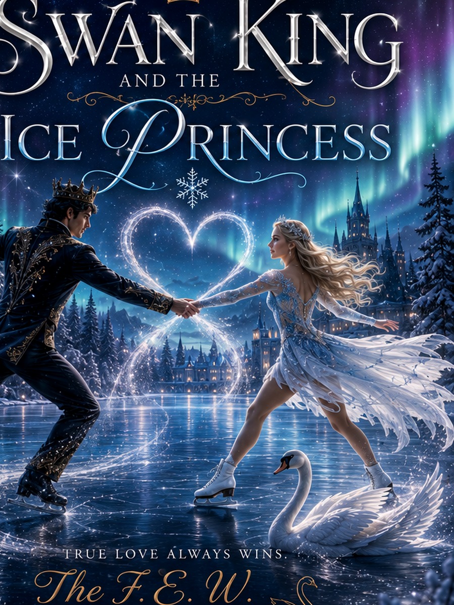 Blonde figure skater from The Swan King and The Ice Princess beneath the Northern Lights