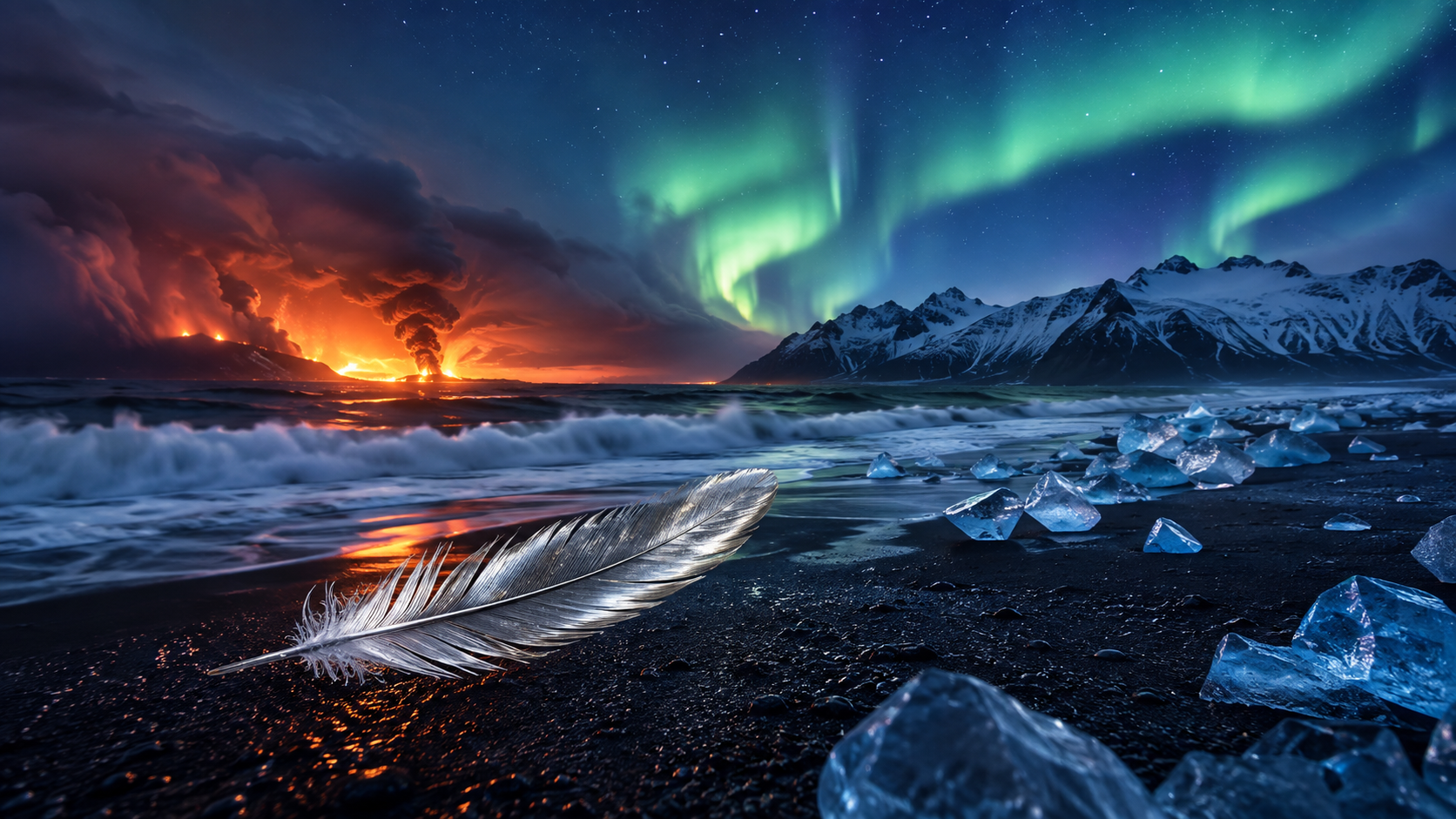 Icelandic fire and ice beach beneath the aurora