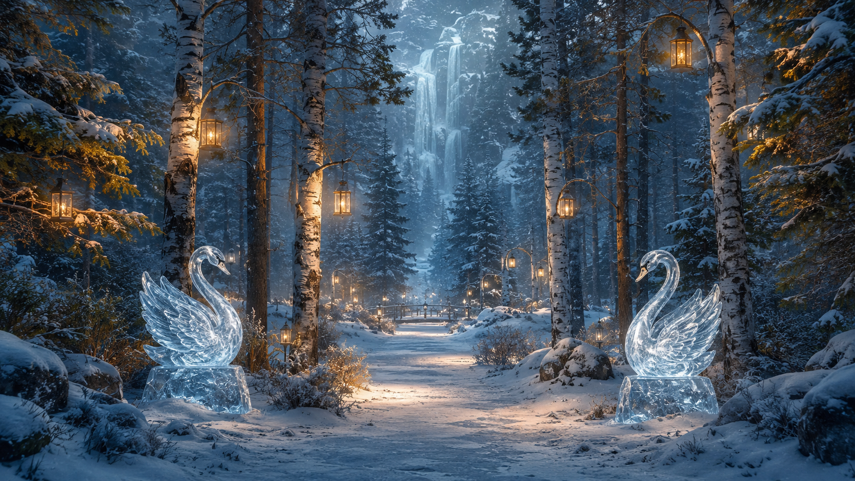 Snowy Finnish forest with glowing lanterns and ice swans