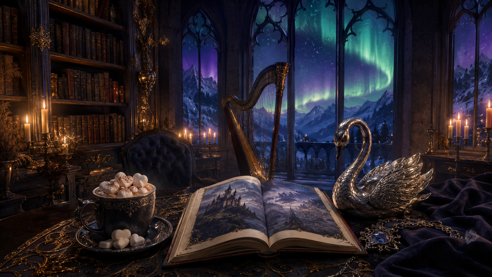 Fantasy library with hot cocoa, harp, books, and silver swan