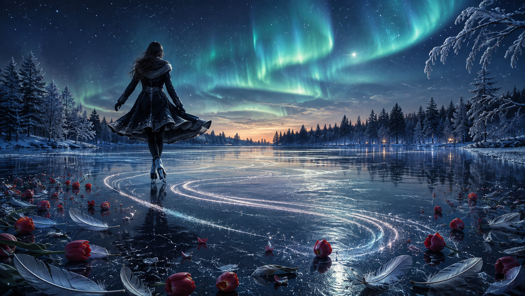 Figure skater gliding on an aurora-lit lake