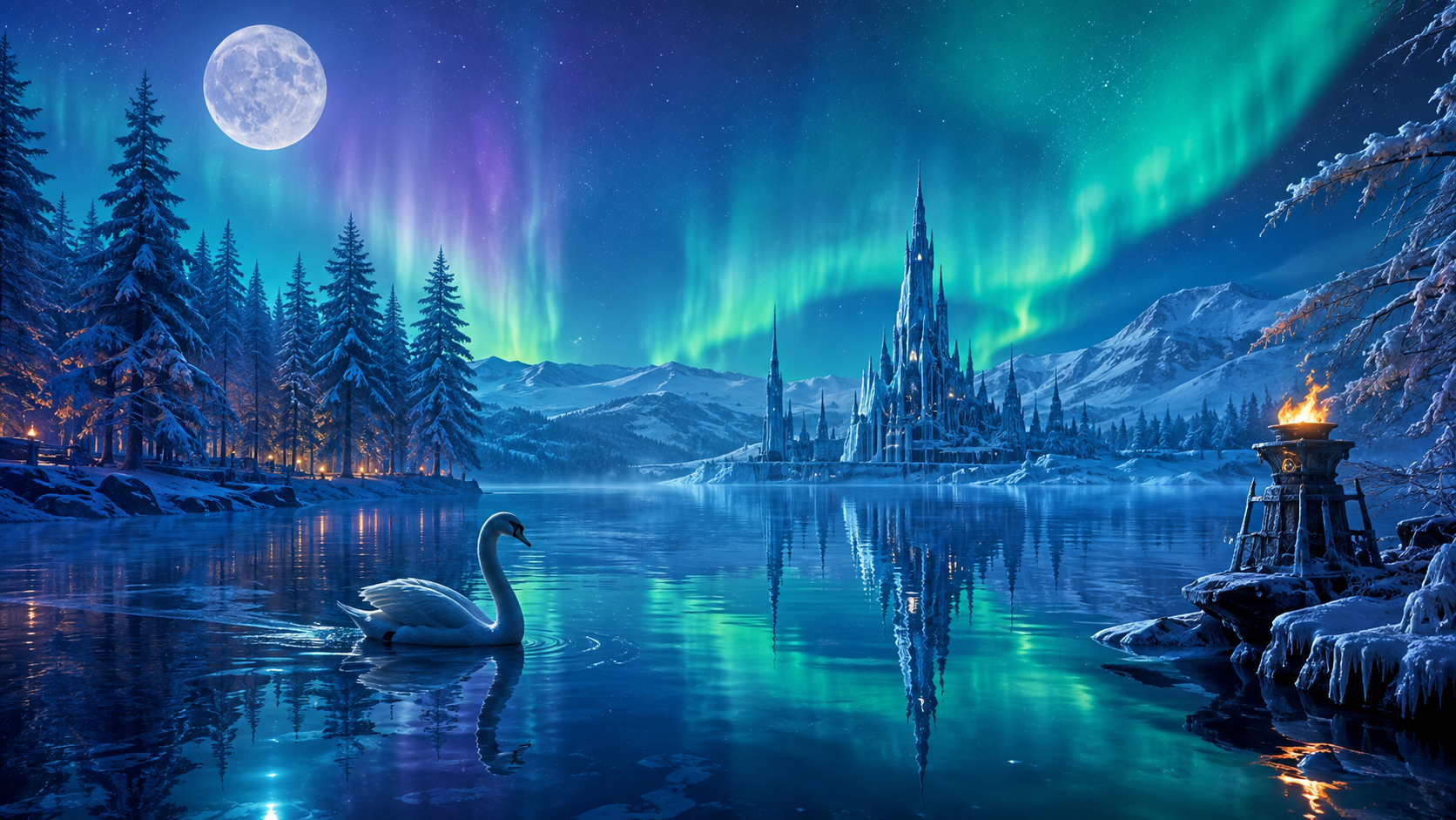 Swan and ice castle beneath the Northern Lights