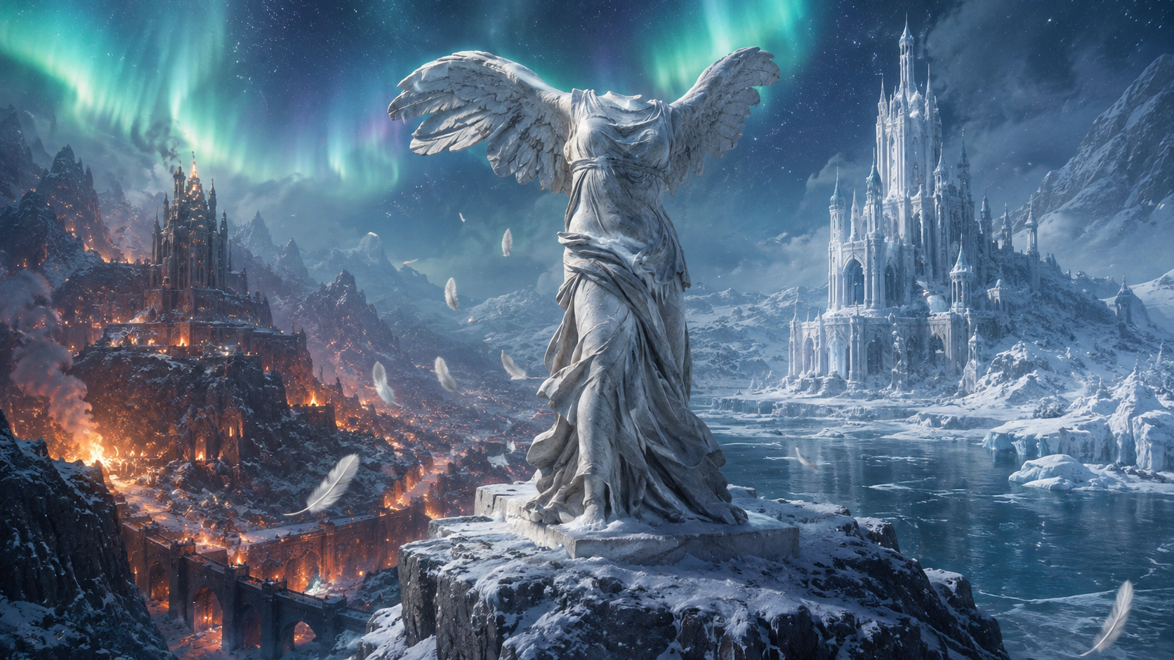 Winged marble statue between a fire kingdom and ice kingdom